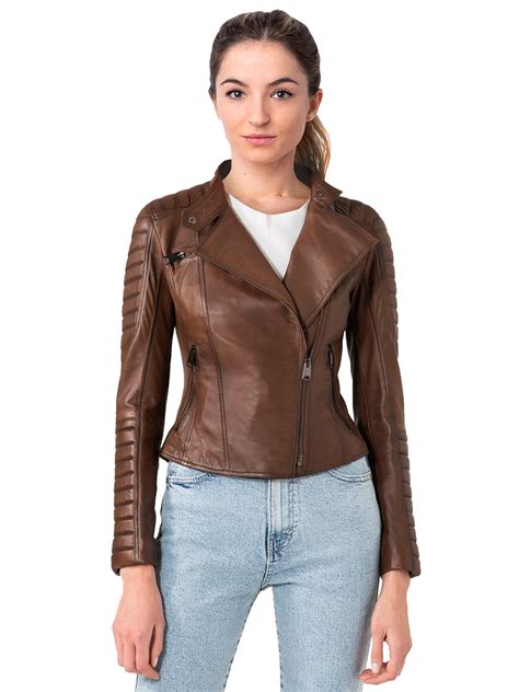 Womens Sassy Cropped Brown Leather Biker Jacket