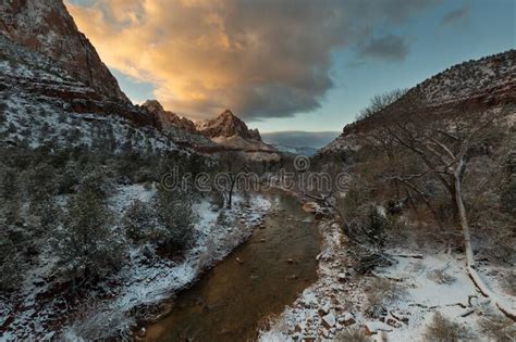 Early Morning View Of The Virgin River In Winter In Zion Nat Park