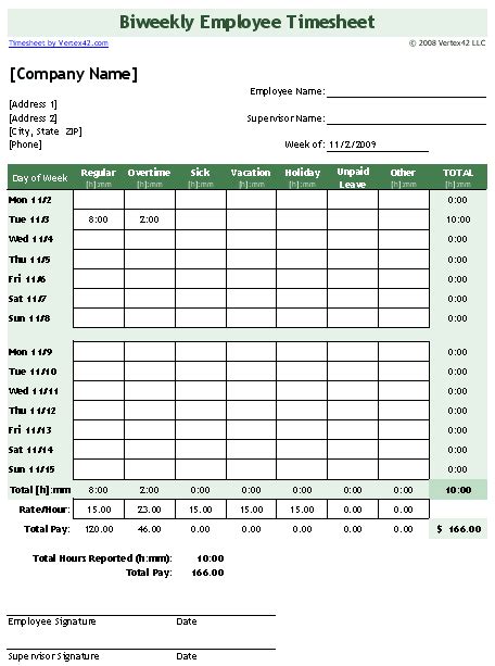 Free Excel Biweekly Timesheet Template Printable Templates