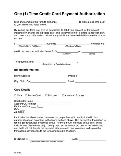 Maybe you would like to learn more about one of these? Free One (1) Time Credit Card Payment Authorization Form - PDF | Word | eForms - Free Fillable Forms