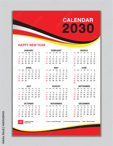 Wall Calendar 2030 Template Calendar 2030 Design Red Wave Background