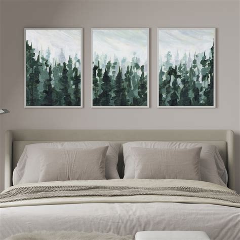 Forest Pine Tree Line Painting Set Of 3 Art Prints Or Canvases