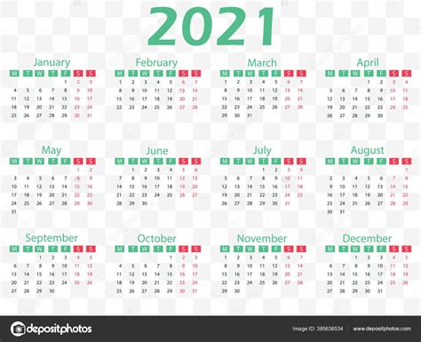 Ilustración Vectorial Diseño Plano 2021 Calendario Semana Comienza