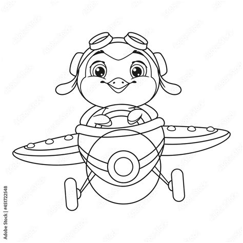 penguin pilot flying on plane coloring page black and white cartoon illustration stock vector