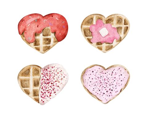 Premium Vector Set Of Heart Shaped Desserts Waffles Watercolor
