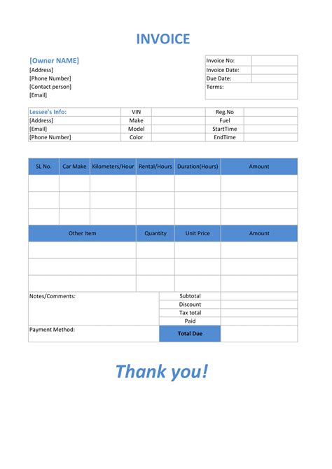 Free Car Rental Invoice Template Excel Printable Templates