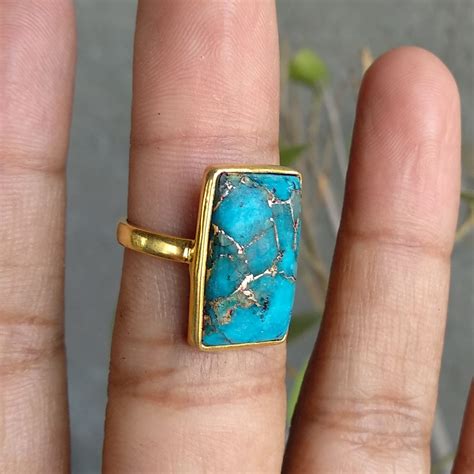 Copper Blue Turquoise Rectangle Ring 925 Sterling Silver Etsy