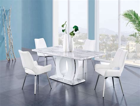 Dining tables come in different shapes and sizes. Contemporary Marble Finish with White Swivel Chairs