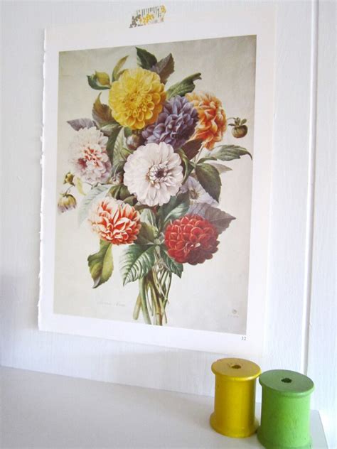 Dahlia Flower Print Vintage Botanical Dahlia Bouquet Frameable Etsy