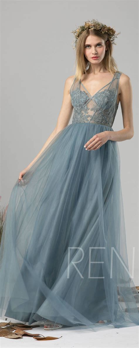 bridesmaid dress dusty blue tulle dress wedding dress illusion v neck maxi dress open back