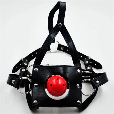 Leather Sm Head Harness Red Ball Mask Bondage Restraint With Open Mouth Gag Fetish Adult Oral