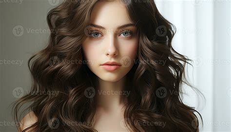 Beautiful Caucasian Woman With Long Curly Brown Hair And Elegant Style