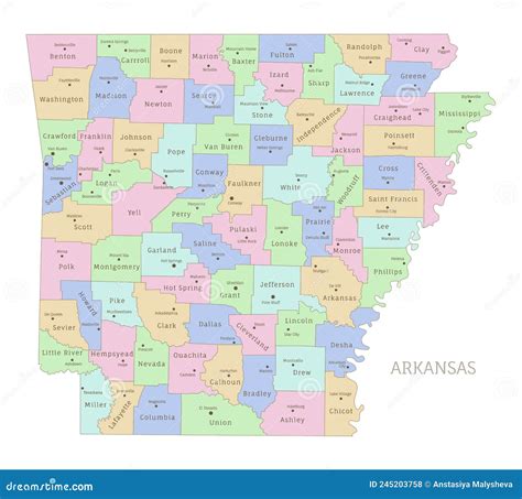 Arkansas Us State Administrative Editable Map In Colors Stock Vector