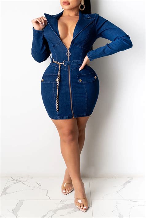 Fashion Blue Fashion Casual Solid With Belt Turndown Collar Long Sleeve Dresses For Sale