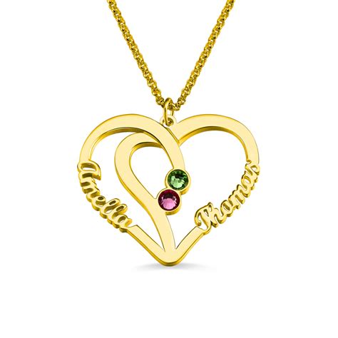 Heart Necklace With 2 Names And Birthstones Gold Plated Silver