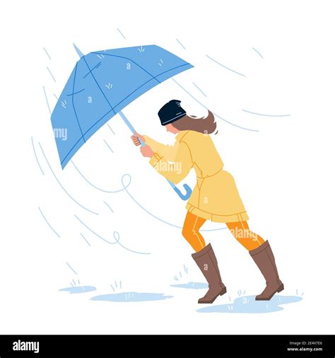 Weather Rain Day Walking Girl With Umbrella Vector Stock Vector Image