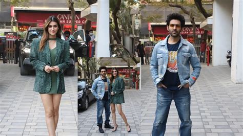 kriti sanon and kartik aaryan pose in contrasted casuals for shehzada promotion see pics
