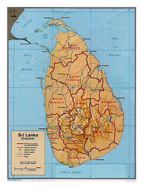 detallado mapa político y administrativo de sri lanka con socorro carreteras ferrocarriles y