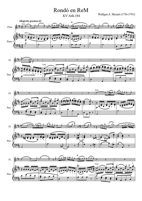 Mozart Rondó Para Flauta En Rem Kv Anh184 Piano Sheet Music For Piano Flute Solo