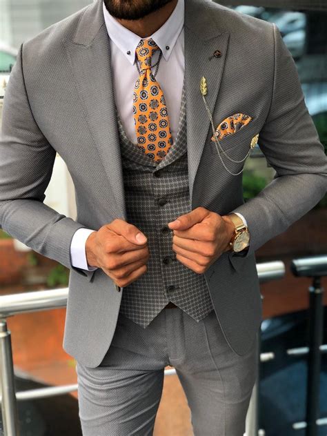 Austin Gray Patterned Slim Fit Suit Designer Suits For Men Mens