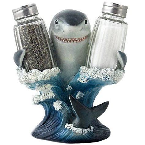 decorative great white shark glass salt and pepper shaker set with holder figurine for beach bar