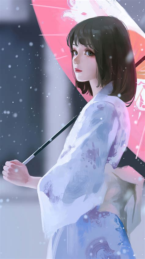 Free Download Beautiful Anime Girl Kimono Umbrella Snowing 4k Wallpaper