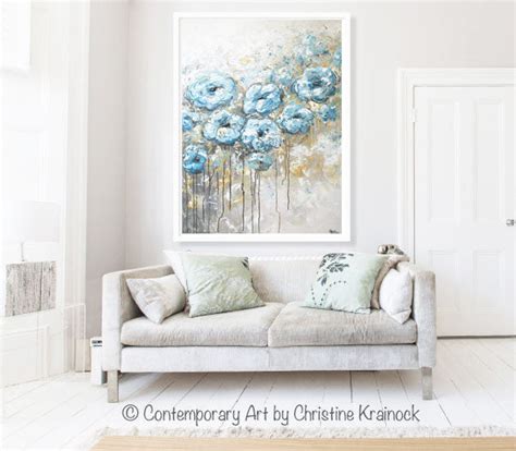Original Art Abstract Flowers Painting Floral Blue White Grey Wall Art