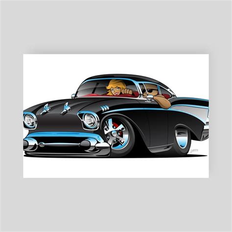 Classic Hot Rod Fifties Muscle Car With Cool Couple Cartoon An Art