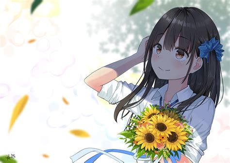 Wallpaper Sunflowers Summer Brown Hair School Uniform Anime Girl