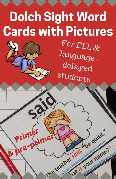Dolch Sight Word Cards With Pictures Pre Primer Primer Rti Kindergarten