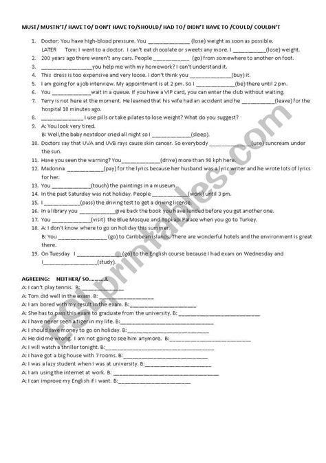 Must Have To Had To Should Esl Worksheet By Gipsyinred
