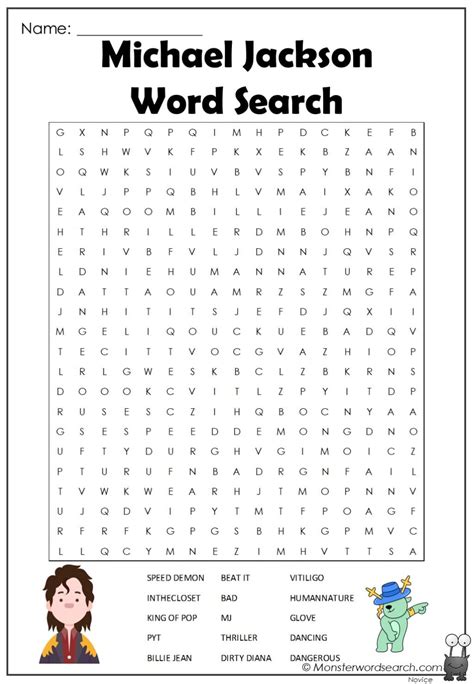 Michael Jackson Word Search Monster Word Search
