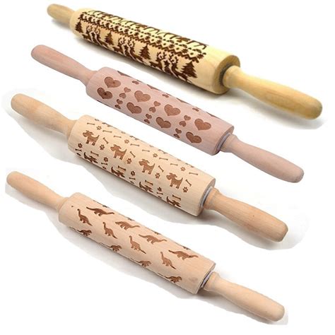 4 Styles Christmas Embossing Rolling Pin Wooden Engraved Rolling Pin