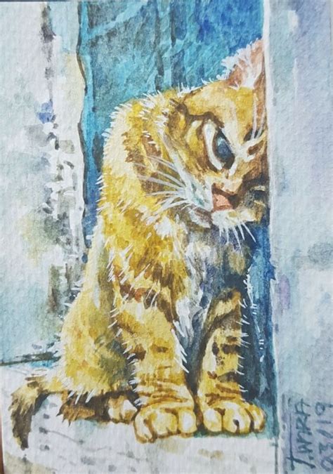 Cute Cat Original Aceo Painting Art Collect T Card Kitten Yellow