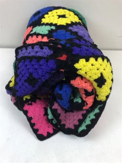 Vtg Handmade Black Rainbow Granny Squares Afghan Throw Blanket Crochet