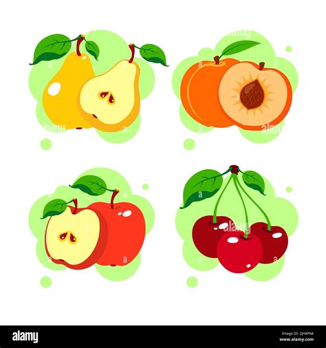 Fruits Set Peach Apple Pear Cherry Isolated Vector Illustration