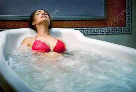 Healthy Spa Young Beautiful Relaxing Woman Lying In The Bath With Hydro Massage Photo Background