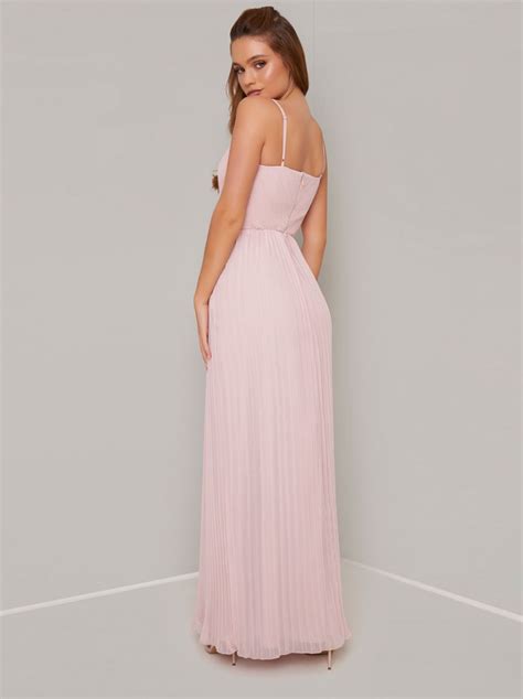 Wrap Bodice Pleat Maxi Dress In Pink Chichiclothing