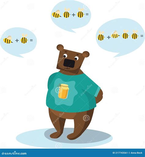 Vector Illustration Bear With Bees And Honey Pot Cute Cartoon Vector