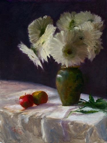 A Painting Of White Flowers In A Green Vase On A Table With Fruit And