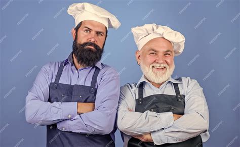 Premium Photo Father And Son Culinary Hobby Mature Bearded Men Professional Restaurant Cooks