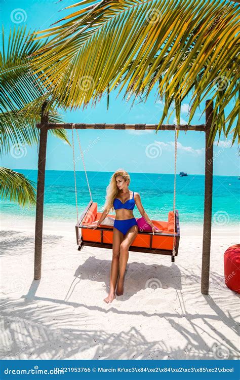 Tanned Woman Bikini Model At Maldives Tropical Sand Beach Glamour Girl