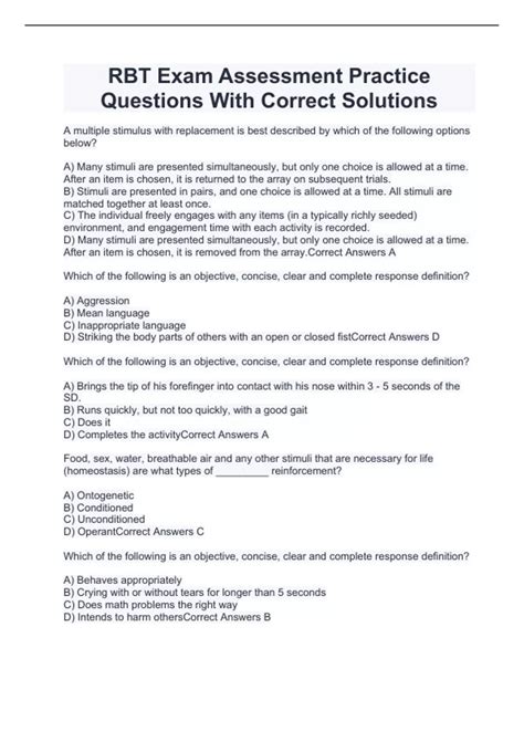 RBT Exam Assessment Practice Questions With Correct Solutions - RBT