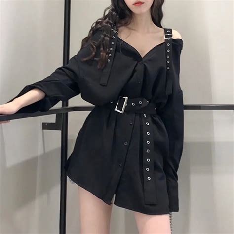 rosetic women dress gothic korean style black women dresses straight belt button casual plain