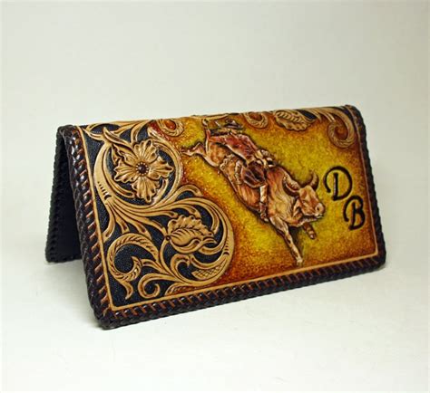 Hand Tooled Leather Checkbook Cover With Bull Rider And Etsy