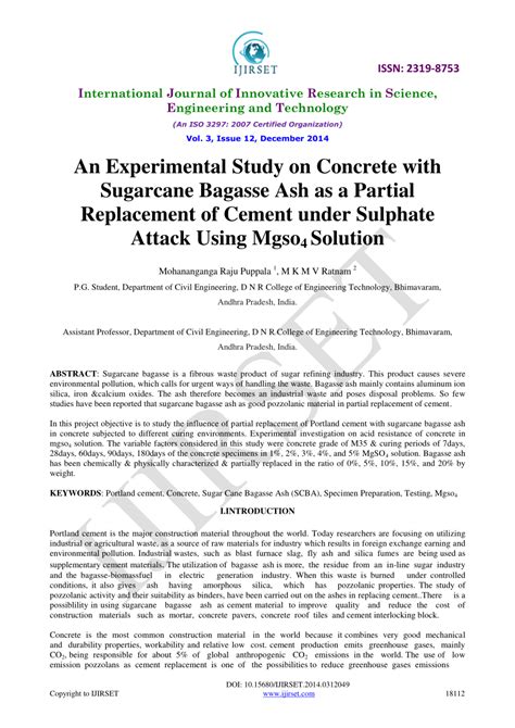 Pdf An Experimental Study On Concrete With Sugarcane Bagasse Ash As A