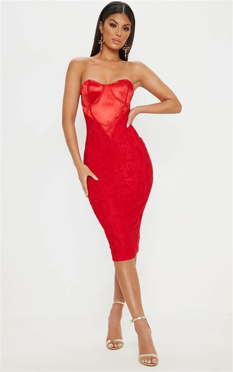 red satin bustier lace midi dress dresses prettylittlething ca