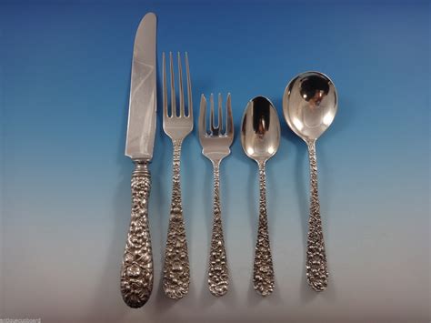 Sterling is a minimum silver content standard for silver alloys since the time of british queen elizabeth i. Rose by Stieff Sterling Silver Flatware Set For 12 Service ...