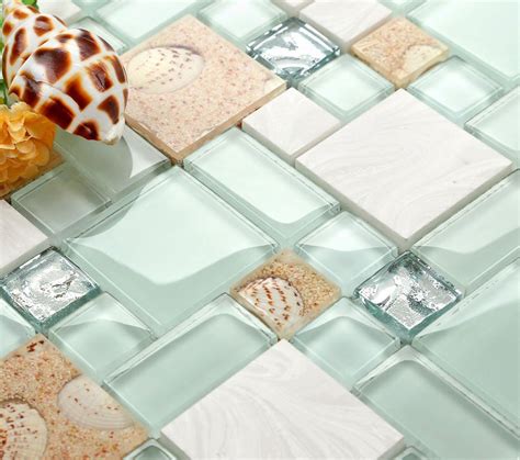 Glass And Stone Mosaic Tile Beach Style Green Lake And White Sandy Resin Inner Pearl Shell And Conch
