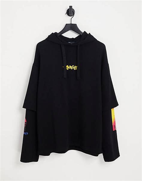 Asos Design Oversized Hoodie In Black With Layered Sleeve And Abstract